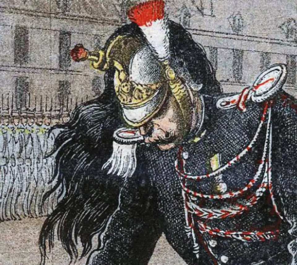 Gravure en couleurs, représentant des militaires