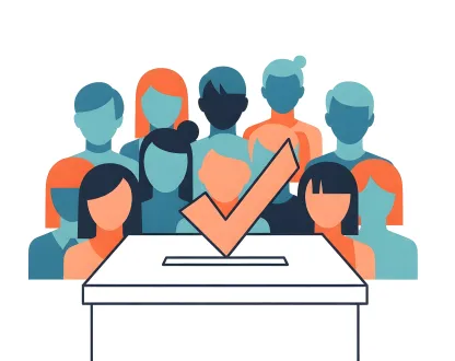 Illustration stylisée d’un groupe de personnes rassemblées derrière une urne de vote, avec un symbole de validation représentant un bulletin déposé, évoquant la participation collective à une élection.